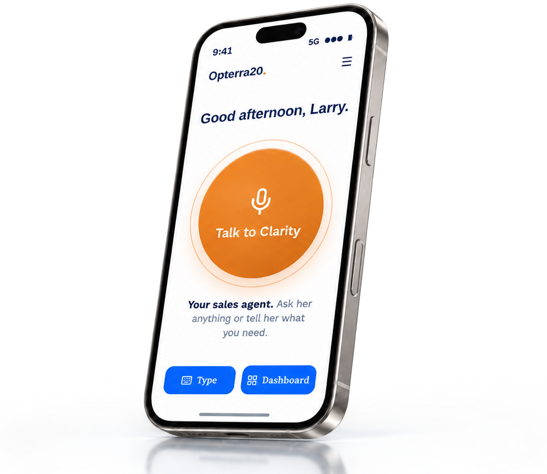 An iPhone showing Opterra20's Talk to Clarity home screen